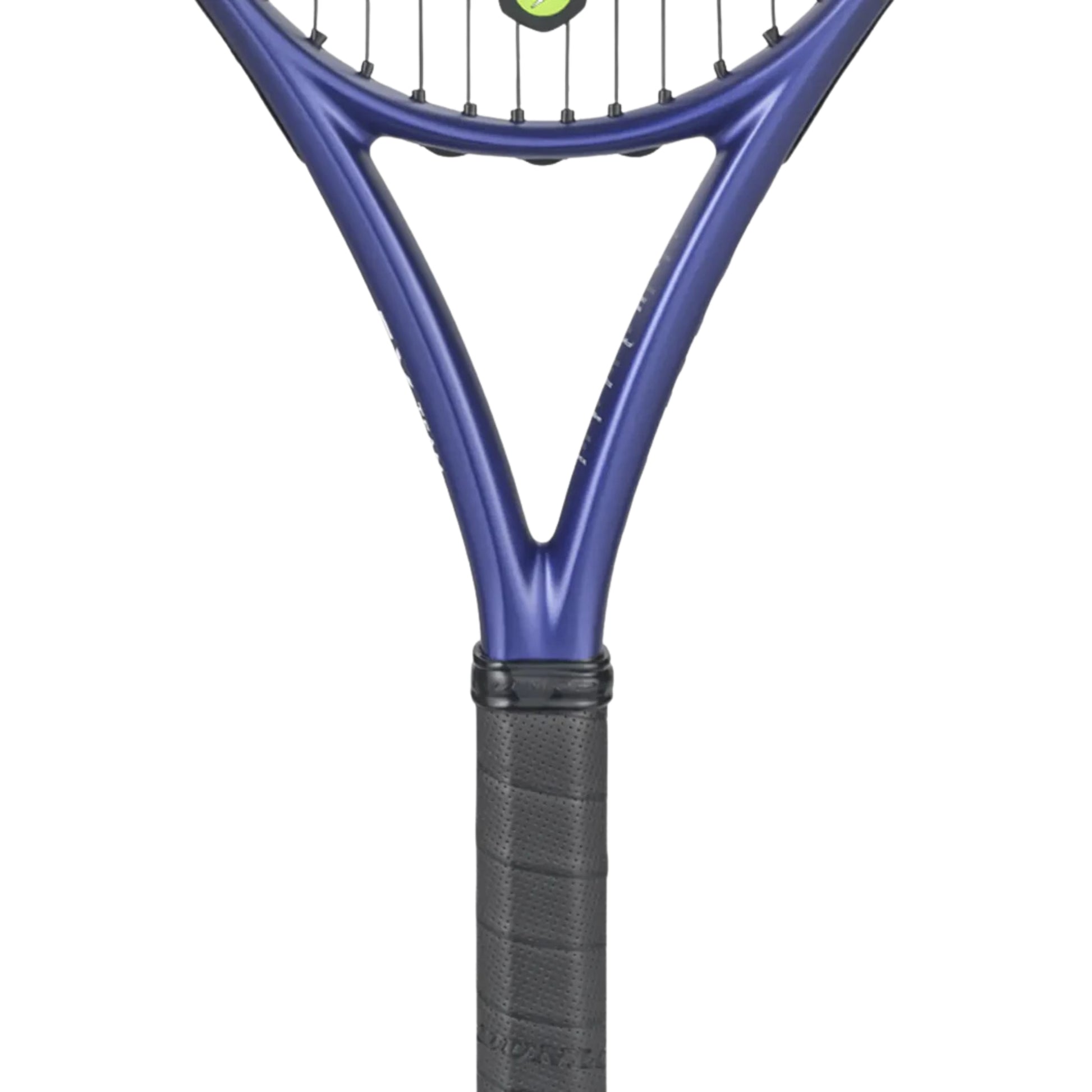 A close-up of a tennis racket showing the blue-purple frame and black grip against a plain white background.