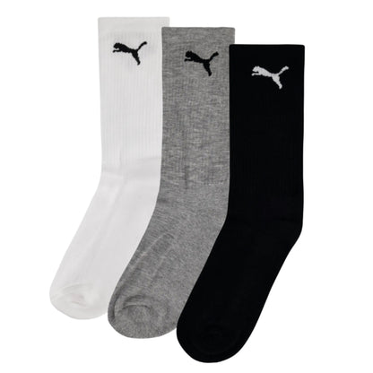 Three socks of Puma socks in white, gray, and black on a white background