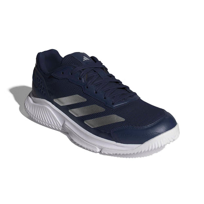 Navy adidas padel shoe with the white logo and a white sole on a white background