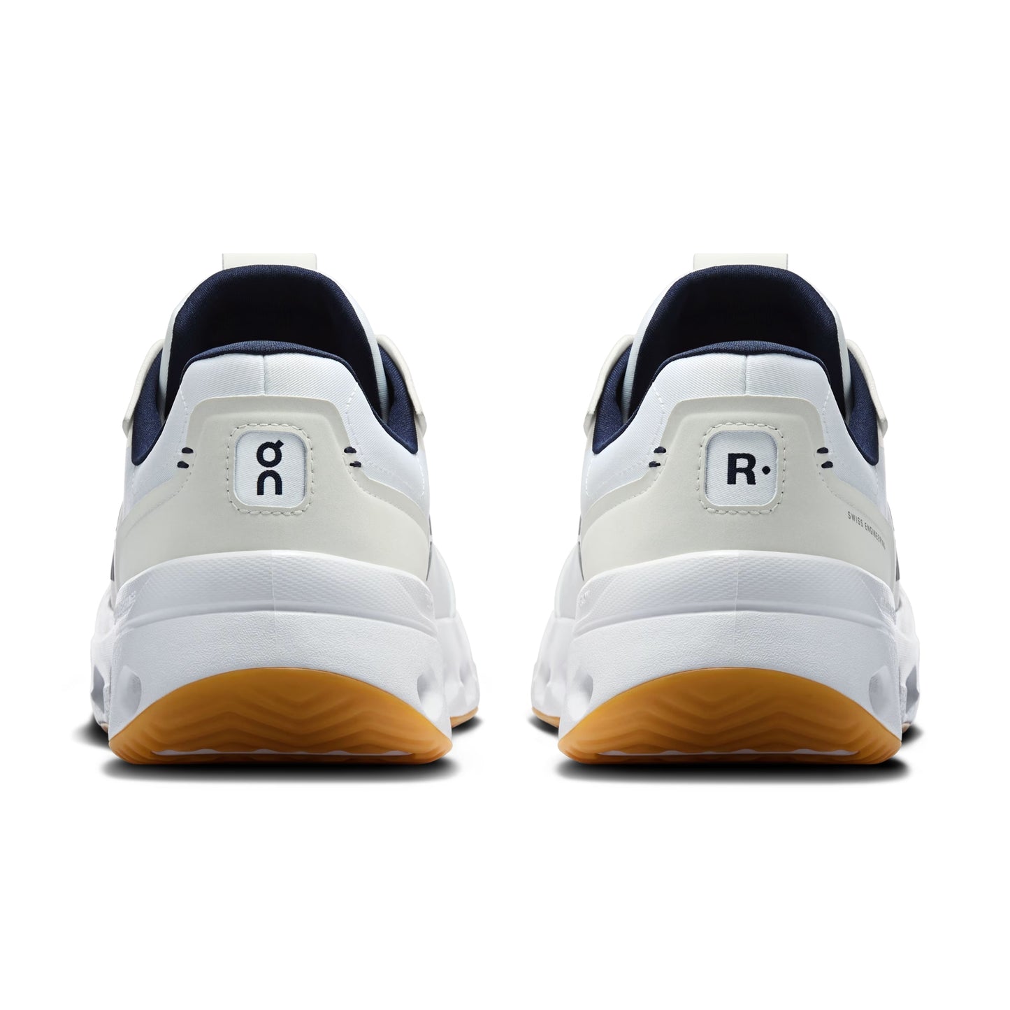 Back view of on blue and white tennis shoes on a white background