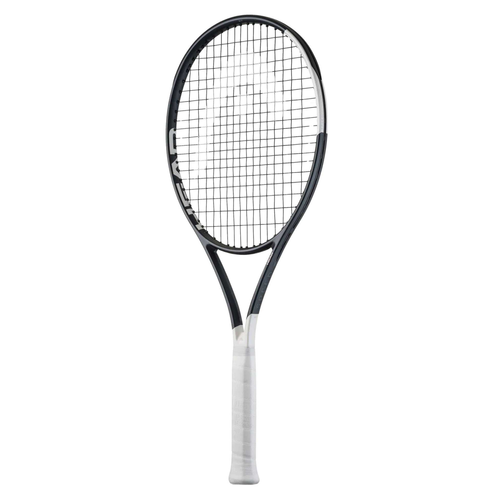 Tennis racket with black and white design on a white background