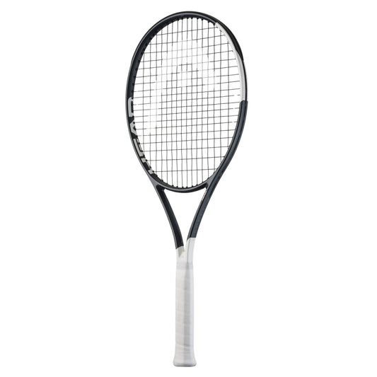 Tennis racket with black and white design on a white background
