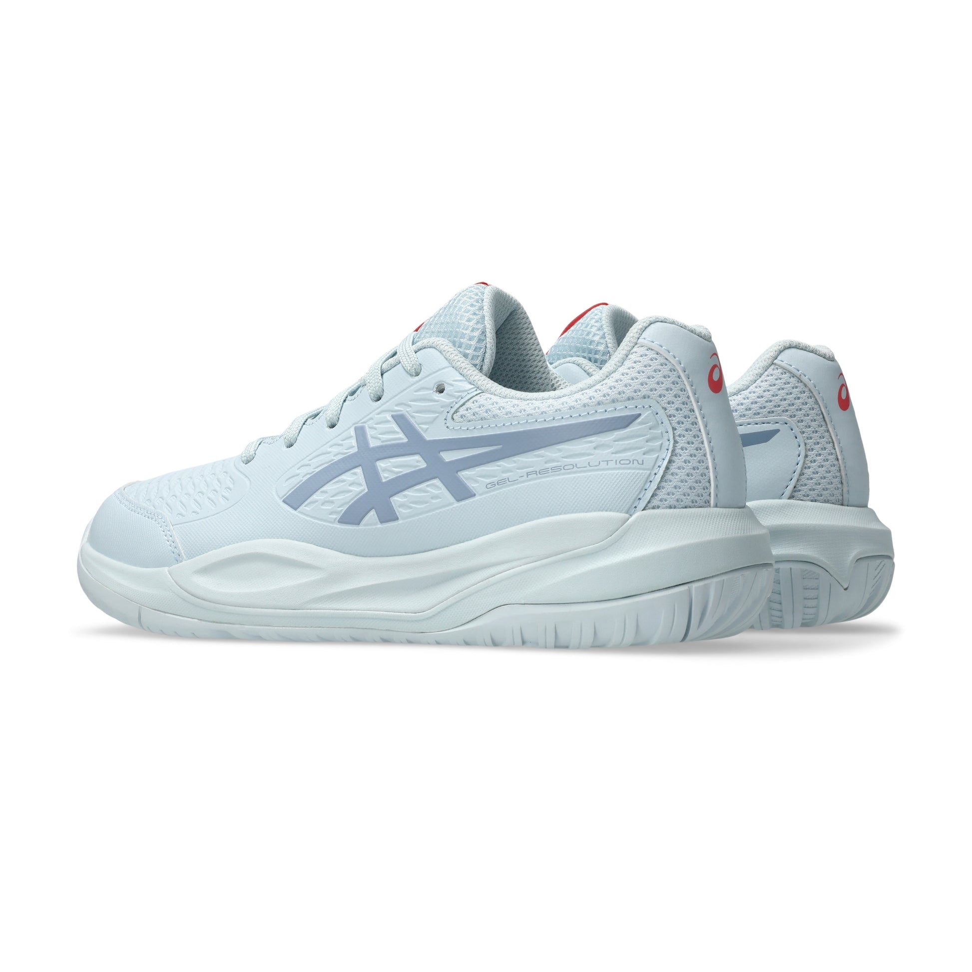 Light blue tennis shoe with a white sole on a white background