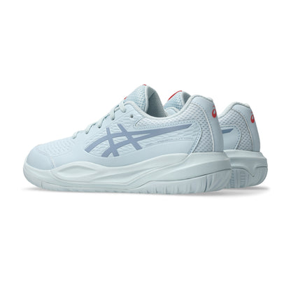 Light blue tennis shoe with a white sole on a white background