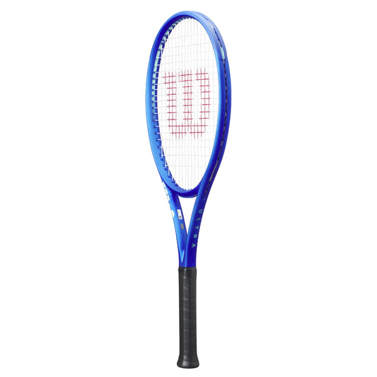 Tennis racket with blue frame and black handle on a white background