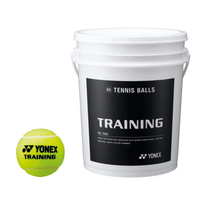Yonex training tennis ball with a white bucket labeled '60 Tennis Balls Training'.