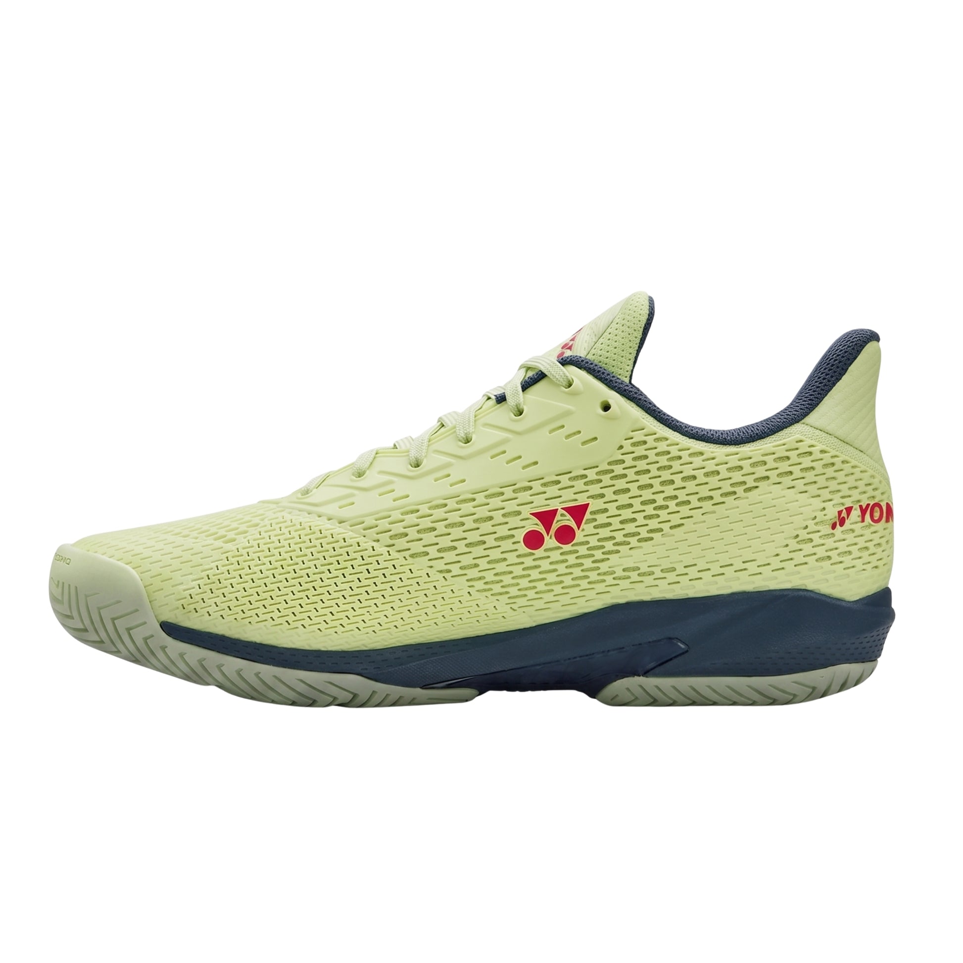 Yellow Yonex shoe with red and black accents on a white background