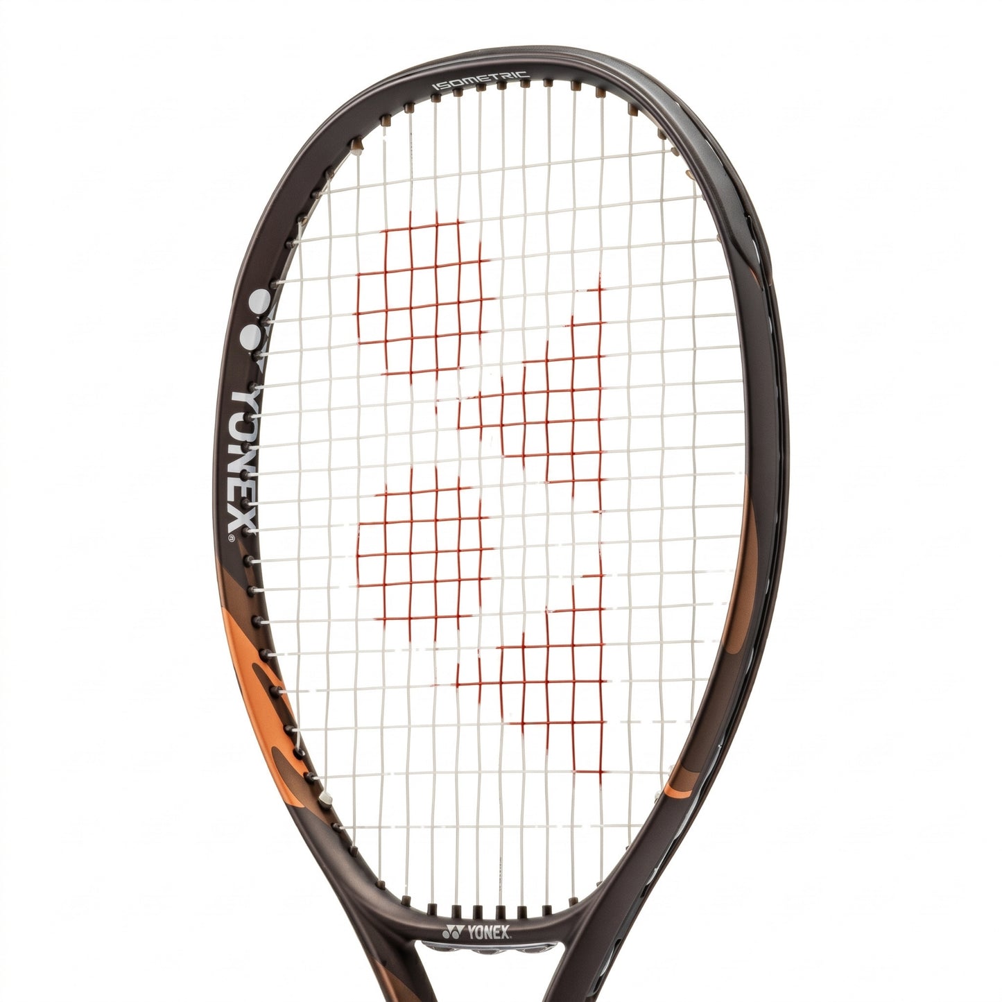 A close-up studio shot of a Yonex tennis racket head, showing the black and orange frame, white strings, and red logo grid on a plain white background.