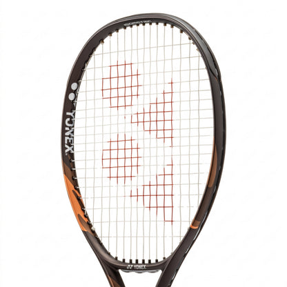 A close-up studio shot of a Yonex tennis racket head, showing the black and orange frame, white strings, and red logo grid on a plain white background.