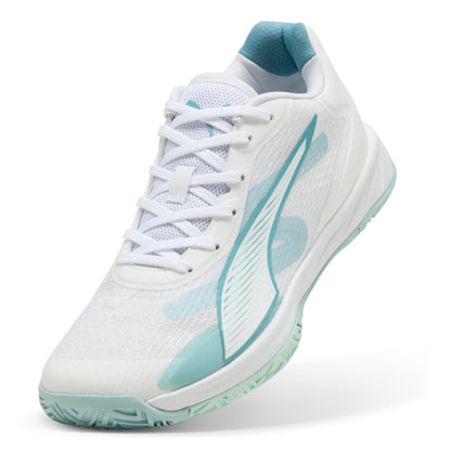 White and light blue netball shoe on a white background