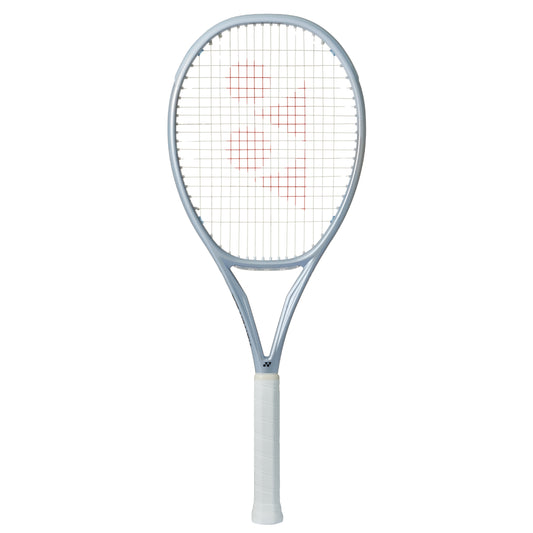 Silver Yonex tennis racket with white handle on a white background