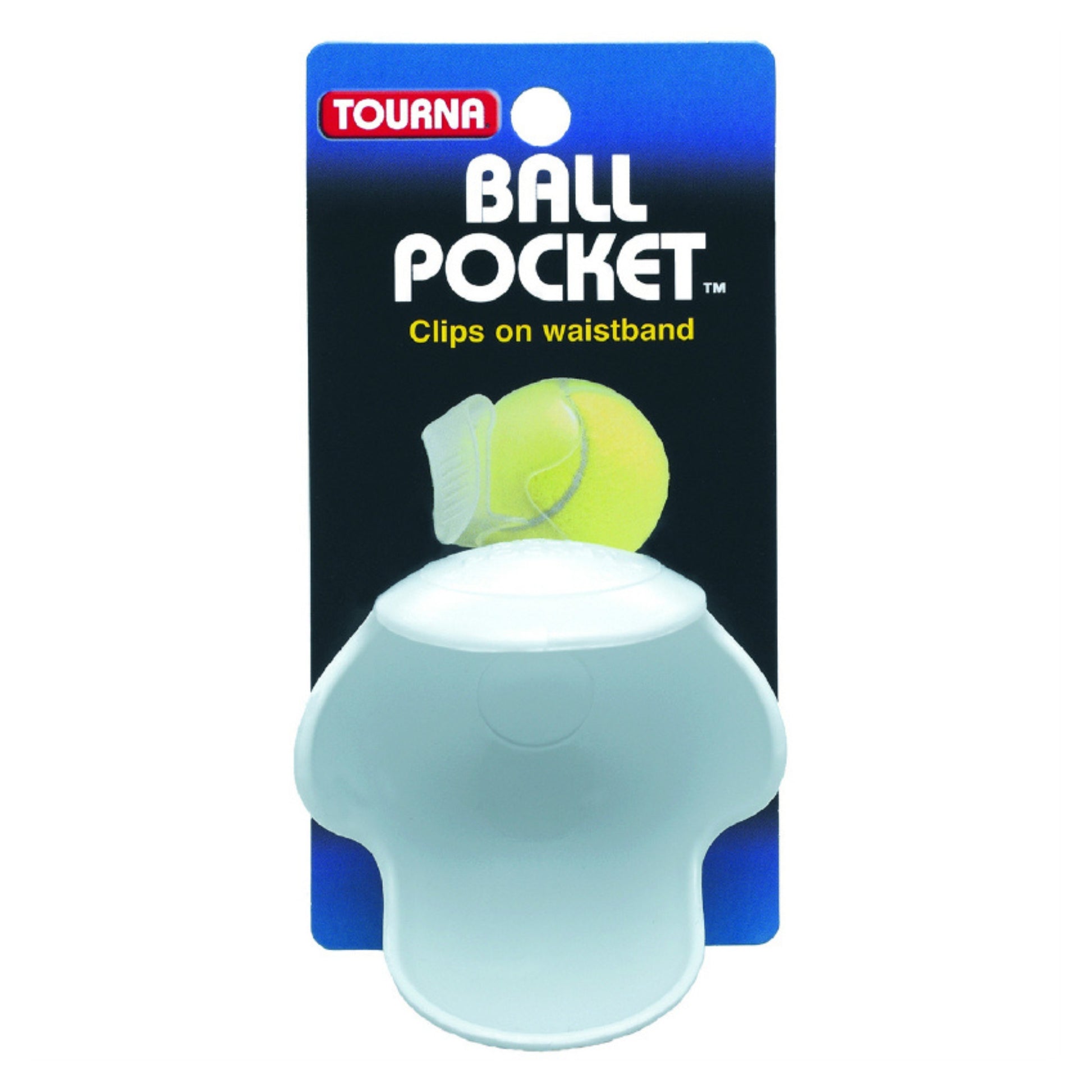 Tourena Ball Pocket with a tennis ball on a white background