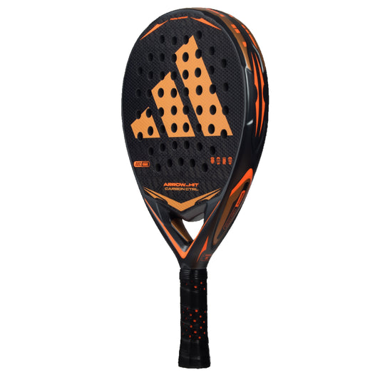 Adidas padel racket with black and orange design on a white background