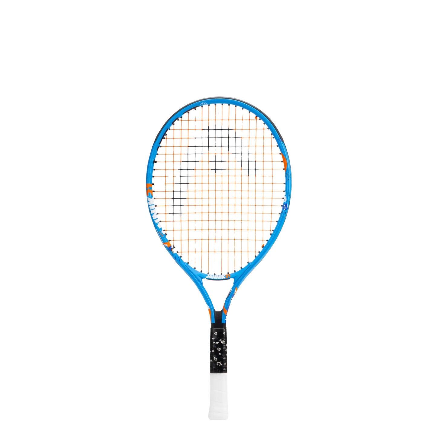 A Head tennis racket with a blue frame, orange and white strings, and a black and white grip, shown against a plain white background.