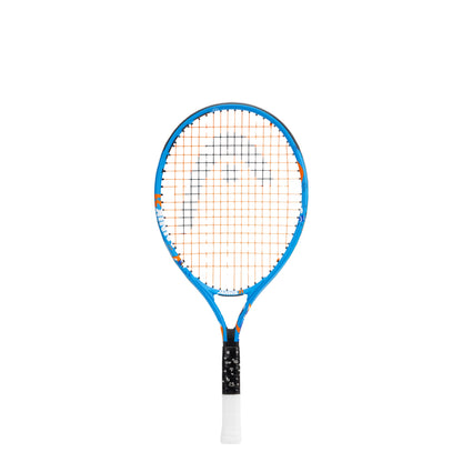 A Head tennis racket with a blue frame, orange and white strings, and a black and white grip, shown against a plain white background.