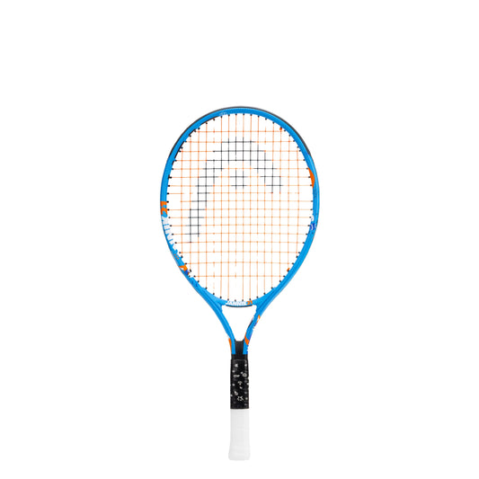 A Head tennis racket with a blue frame, orange and white strings, and a black and white grip, shown against a plain white background.