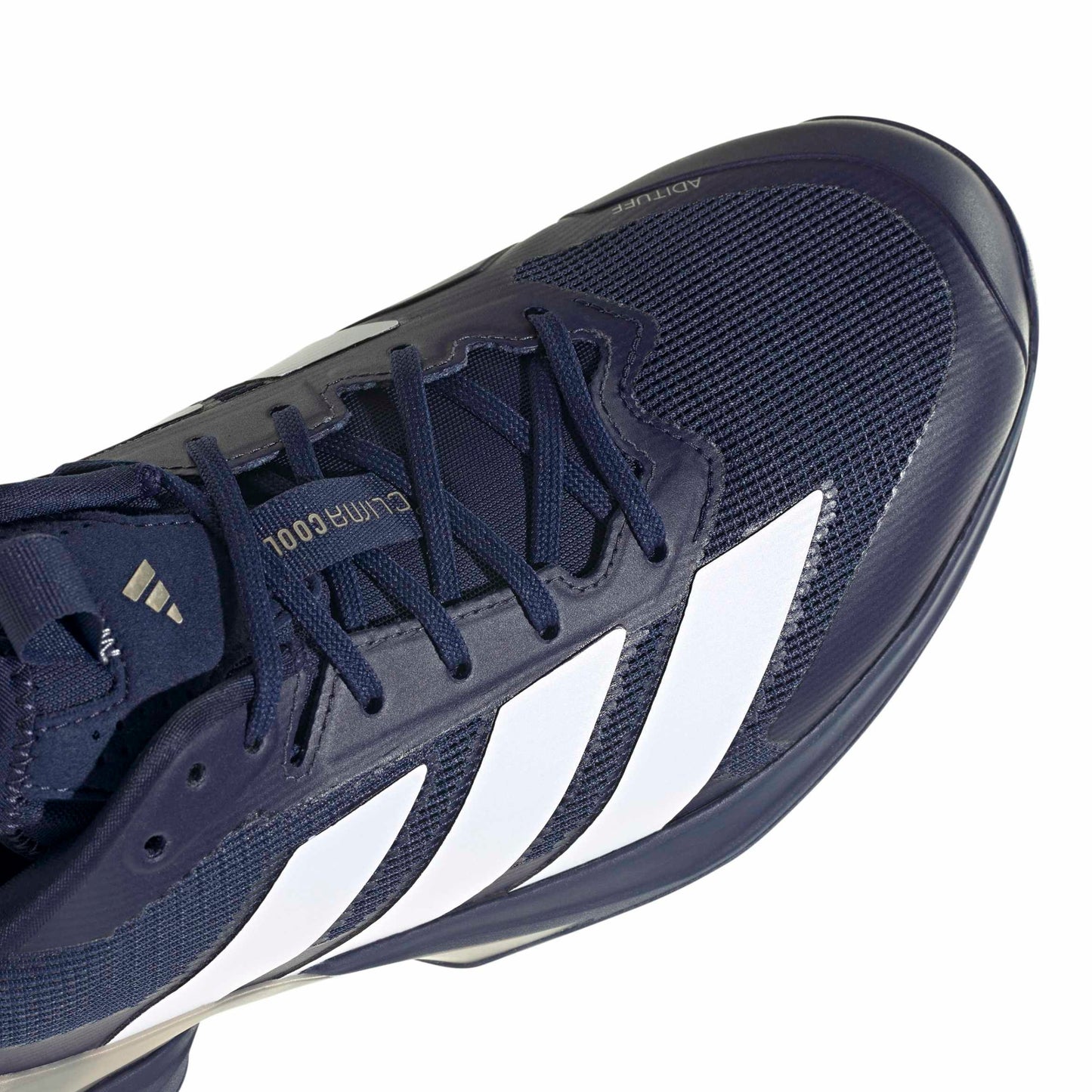 Navy blue adidas tennis shoe with white stripes on a white background