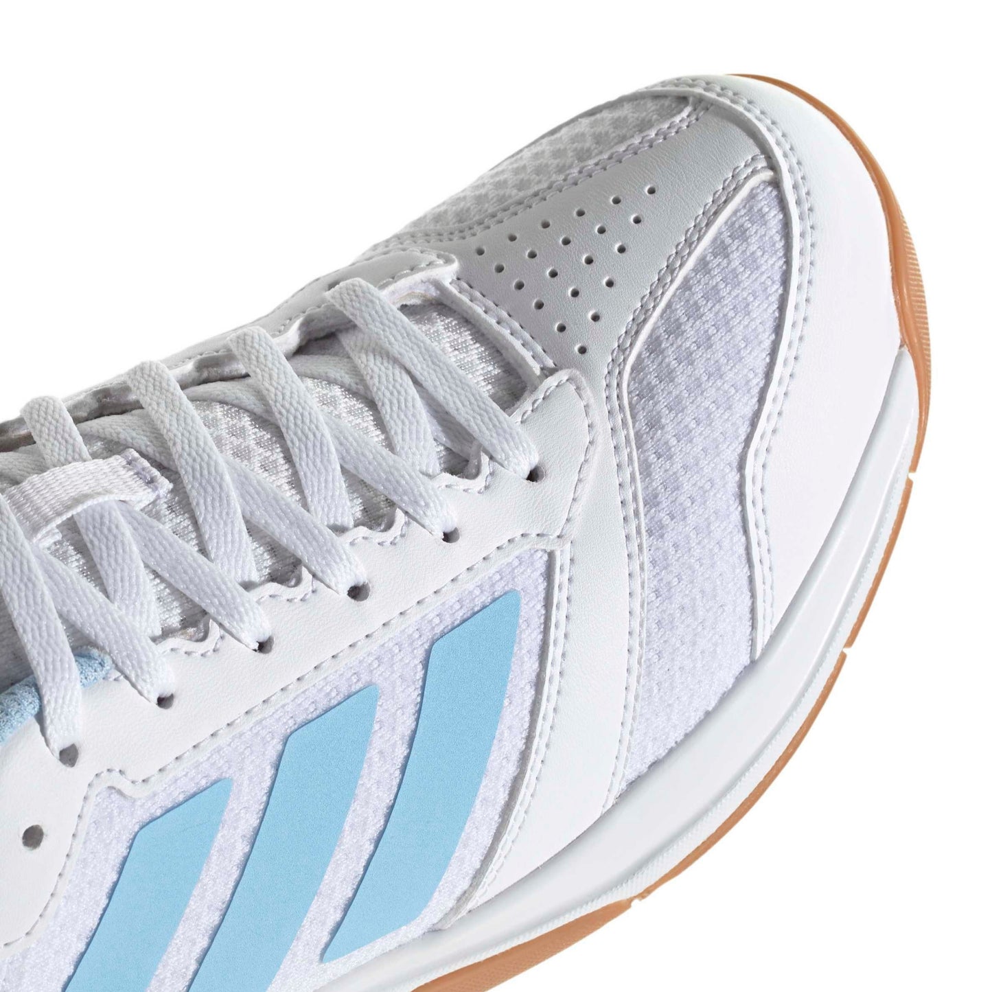 Close-up of a adidas shoe with blue accents on a white background