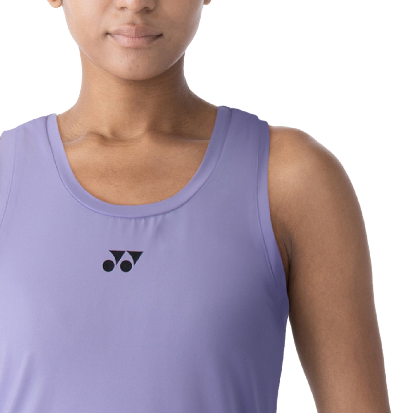 Person wearing a purple Yonex tank top with a logo on a white background