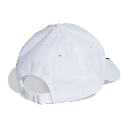 White Adidas cap with black stripes on a white background