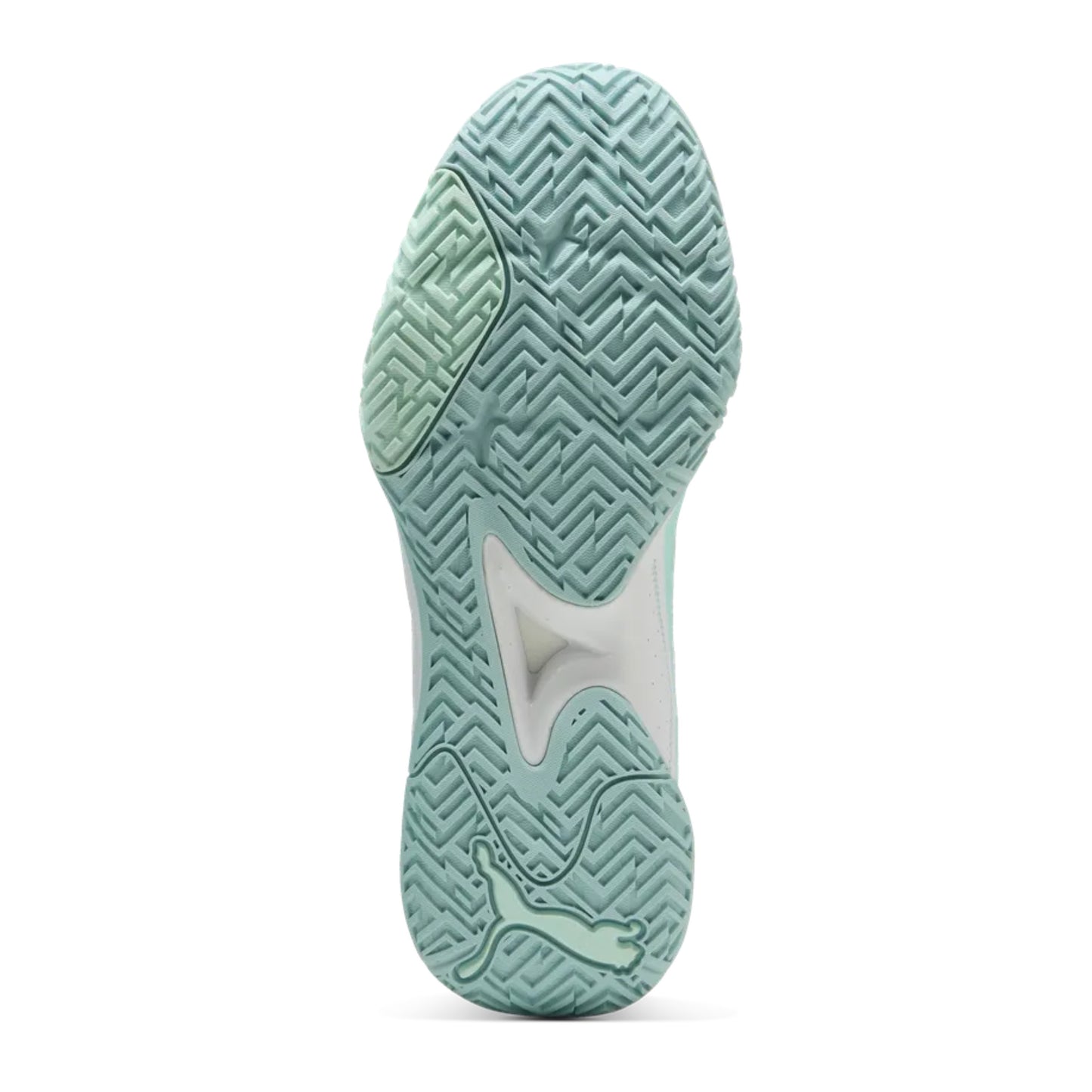 Close-up of a green netball shoe sole on a white background