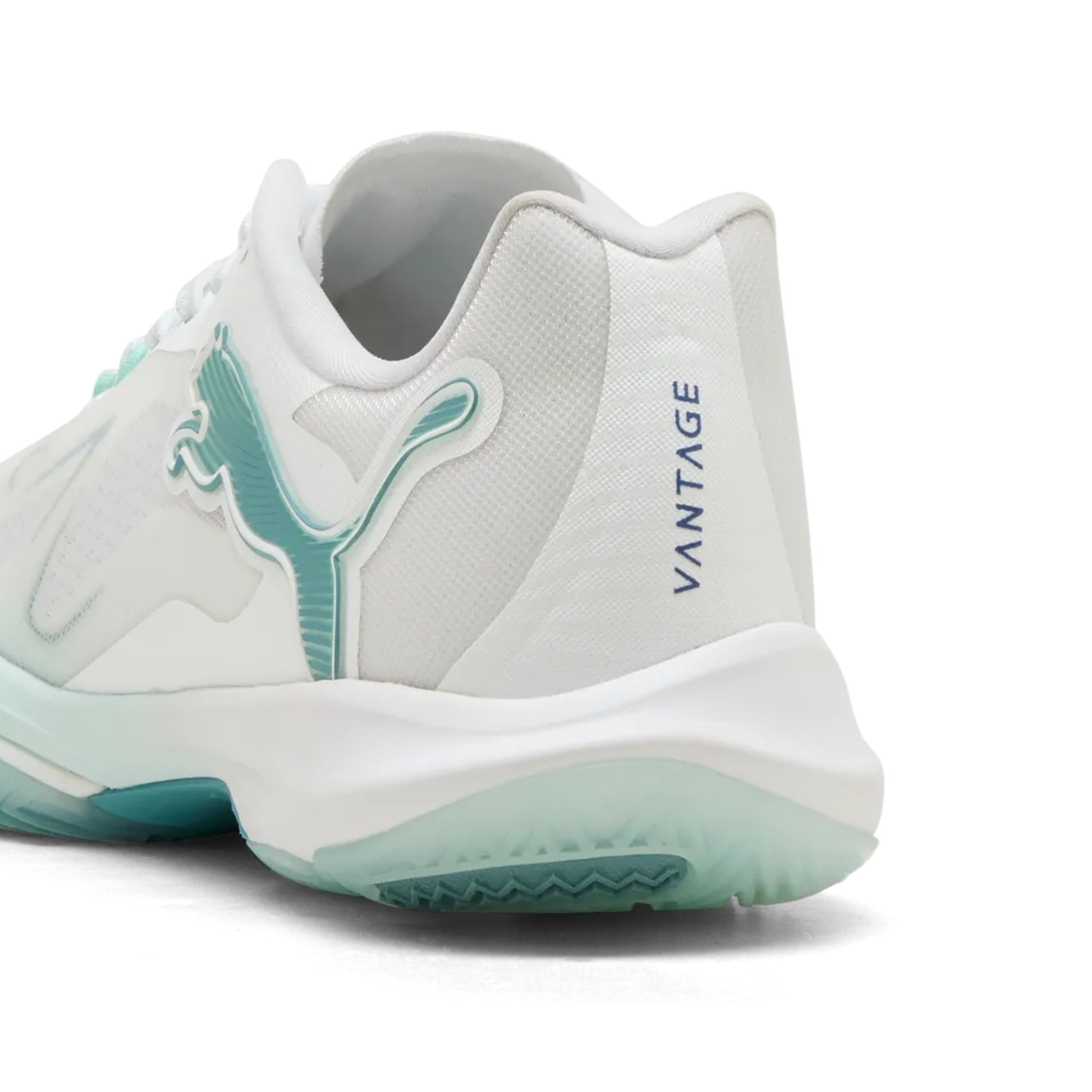 White and blue netball shoe with 'Vantage' branding on a white background