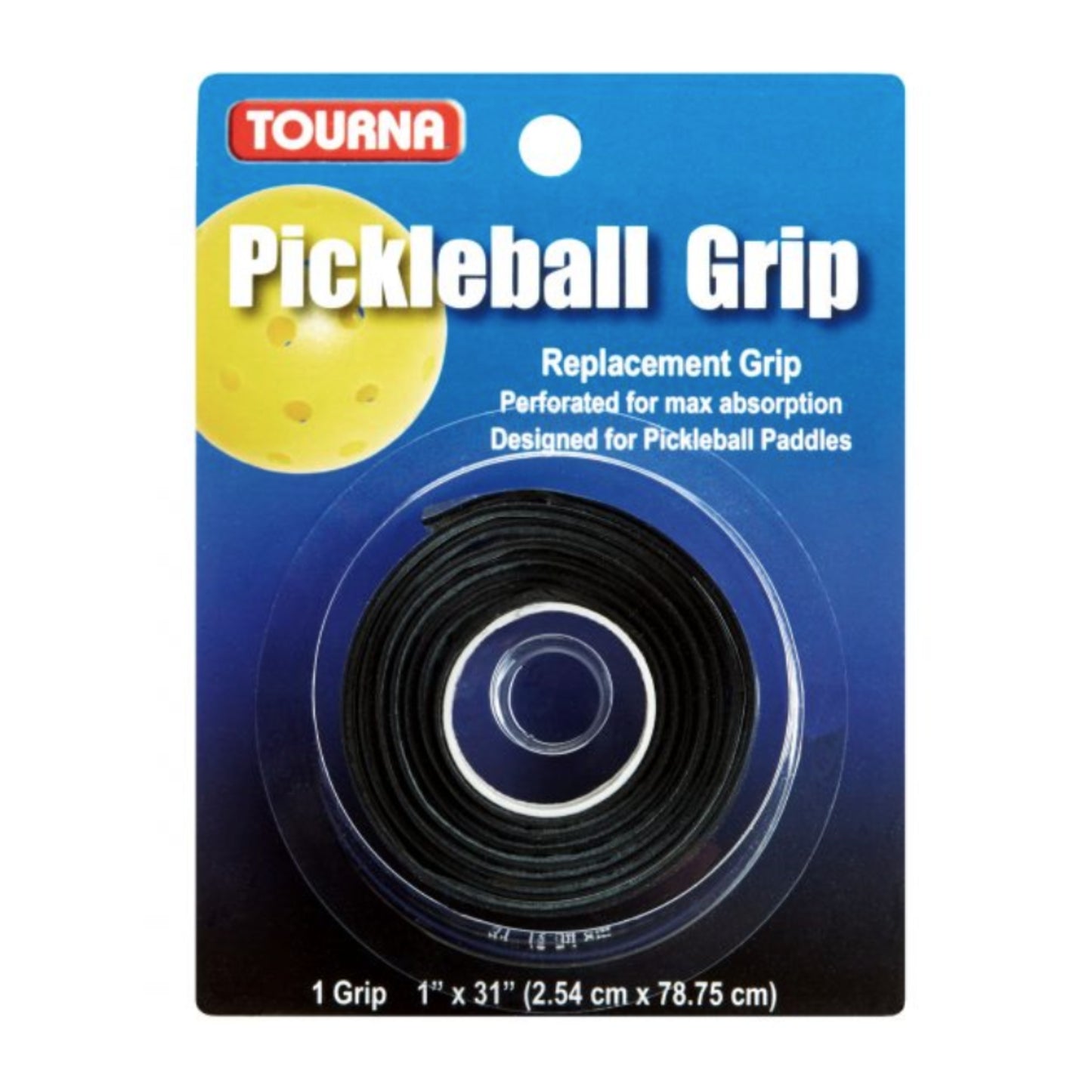 Packaged Tourana pickleball grip with blue background and yellow pickleball illustration.