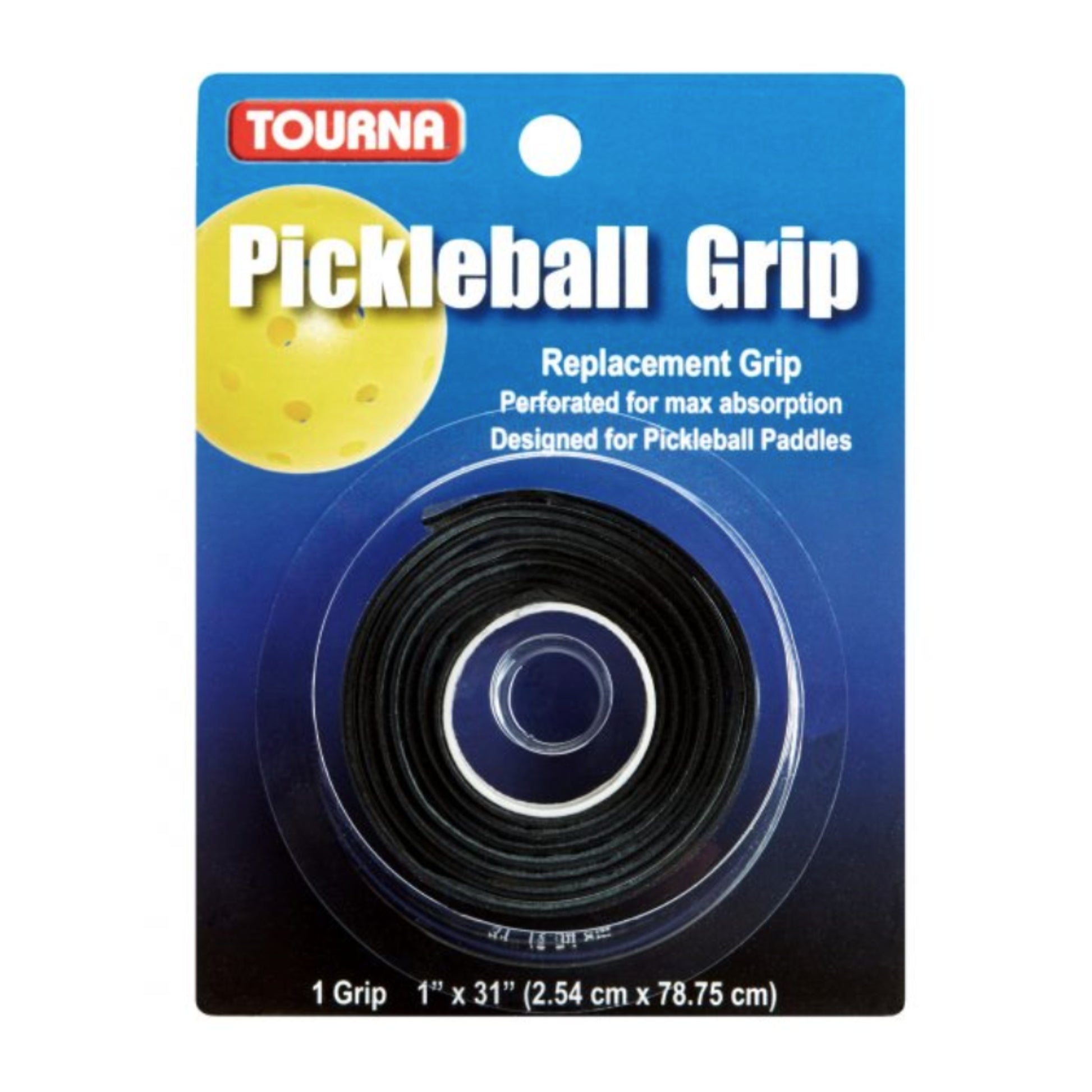 Packaged Tourana pickleball grip with blue background and yellow pickleball illustration.