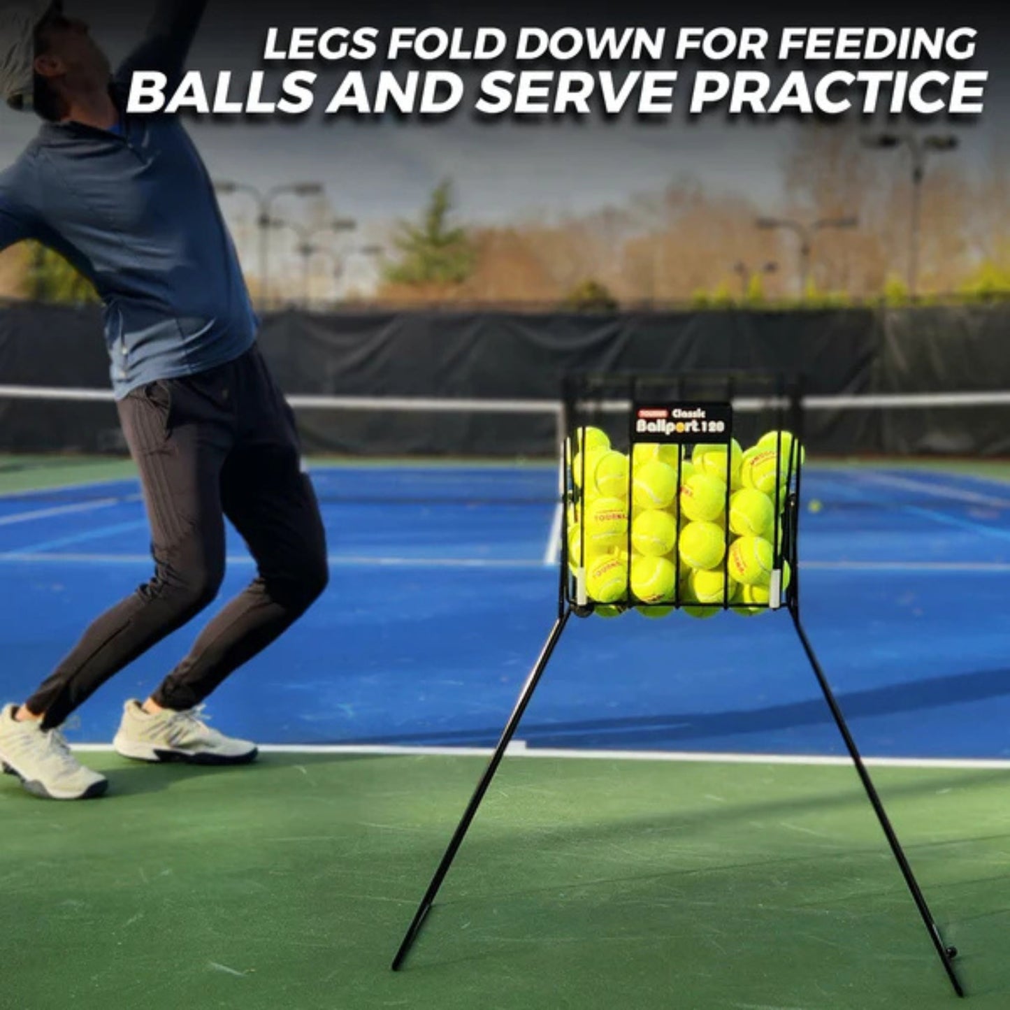 Person on a tennis court with a ball basket holding tennis balls, text indicating ball and serve practice.
