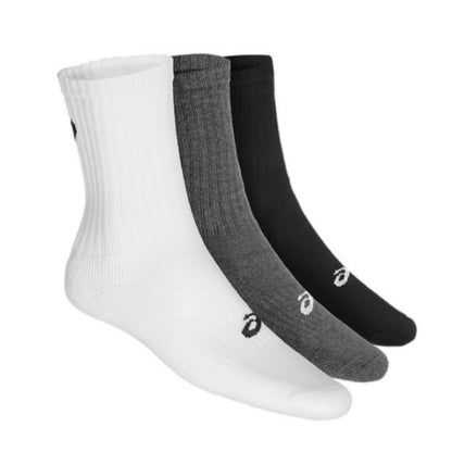Three pairs of Asics socks in white, gray, and black on a white background