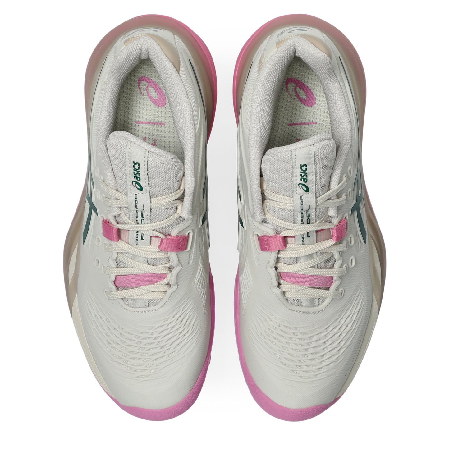 A pair of ASICS padel shoes shown from a top-down view, featuring a white mesh upper with pink accents on the laces, lining, and outsole, and a subtle green logo on the side.