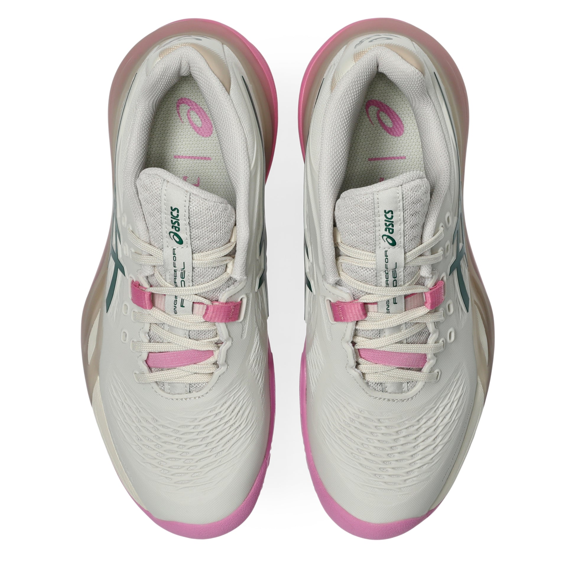 A pair of ASICS padel shoes shown from a top-down view, featuring a white mesh upper with pink accents on the laces, lining, and outsole, and a subtle green logo on the side.