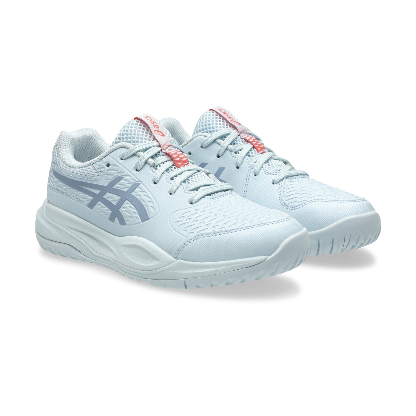 Light blue tennis shoes with a logo on a white background