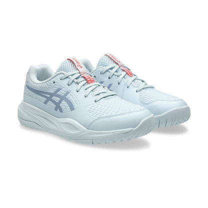 Light blue tennis shoes with a logo on a white background