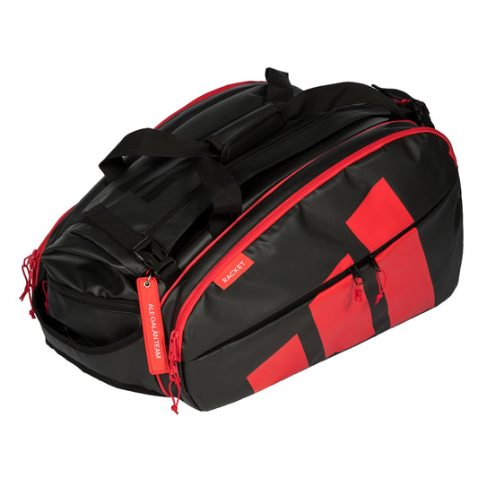 Black and red padel bag with visible brand logo on a white background