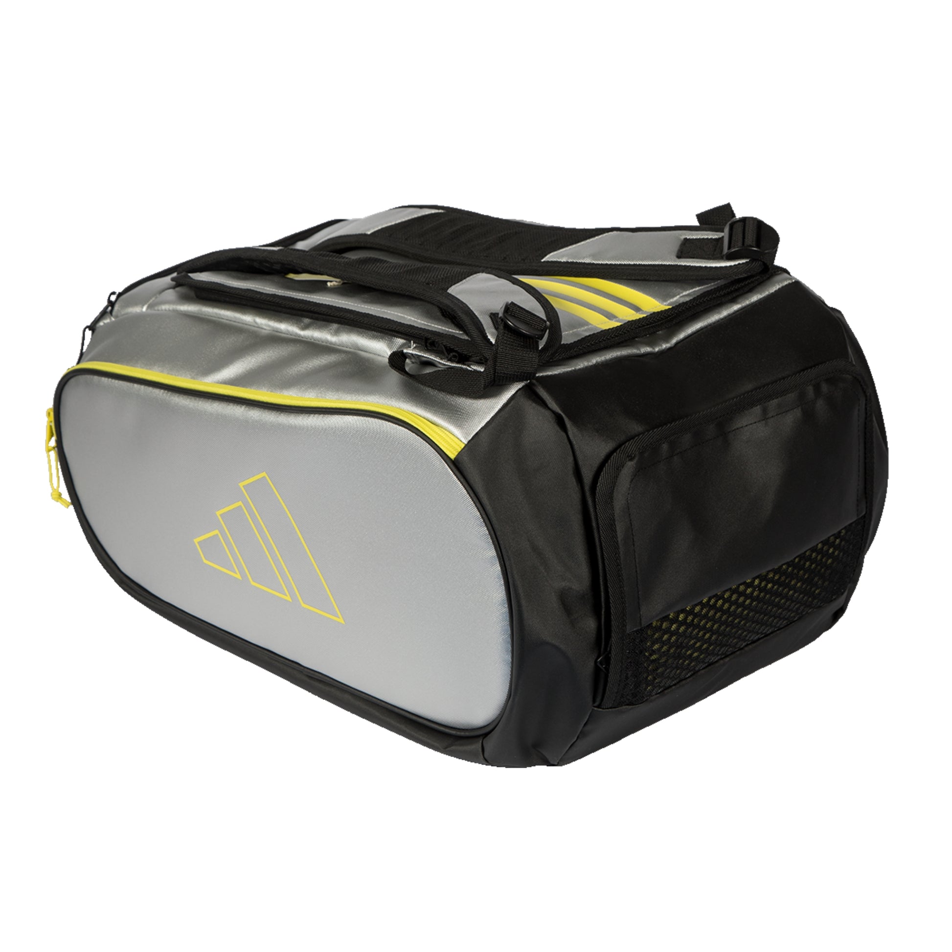 Black and gray bag with yellow accents on a white background
