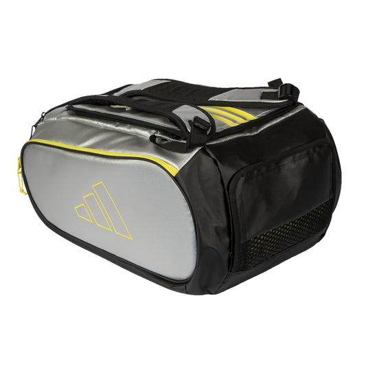 Black and gray bag with yellow accents on a white background
