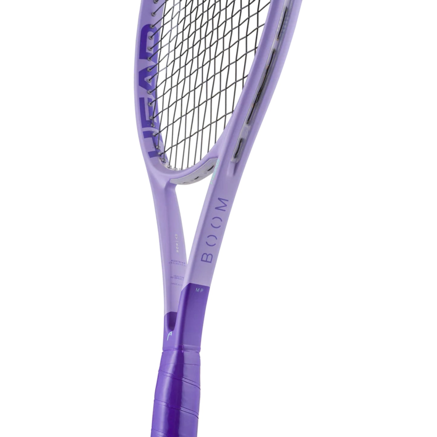 Purple tennis racket with 'BOOM' branding on a white background