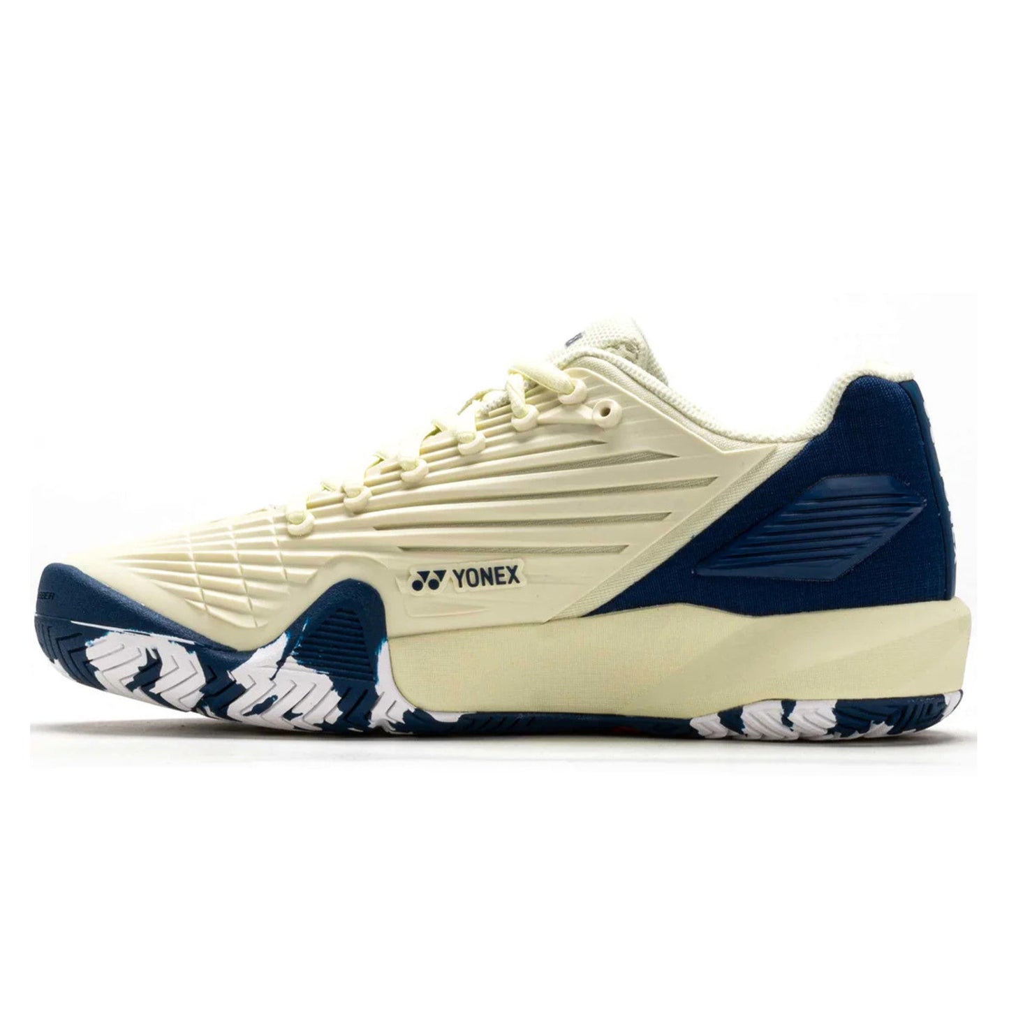 Blue and white Yonex tennis shoe with brand logo on a white background