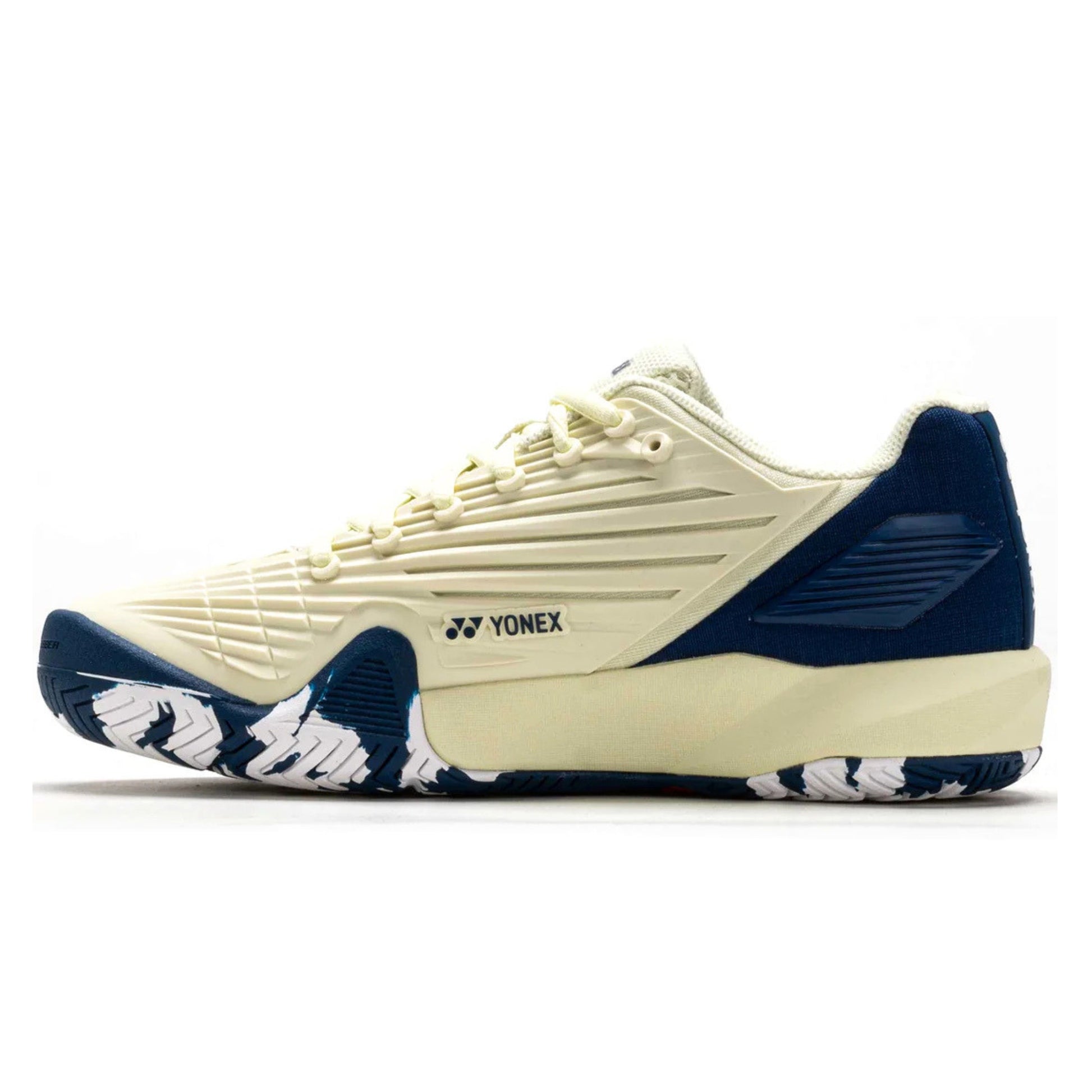 Blue and white Yonex tennis shoe with brand logo on a white background