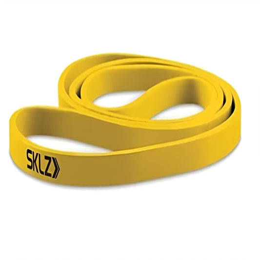 Yellow resistance band with SKLZ logo on a white background