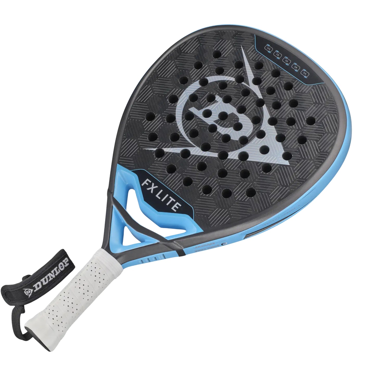 Dunlop Padel racket with black and blue design on a white background