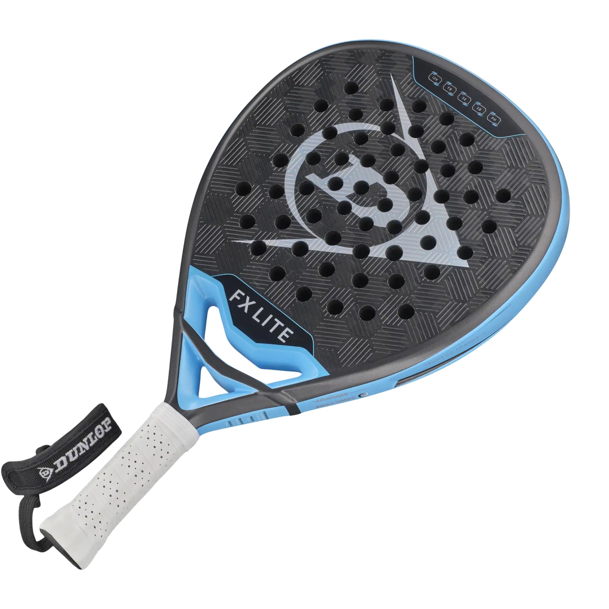 Dunlop Padel racket with black and blue design on a white background