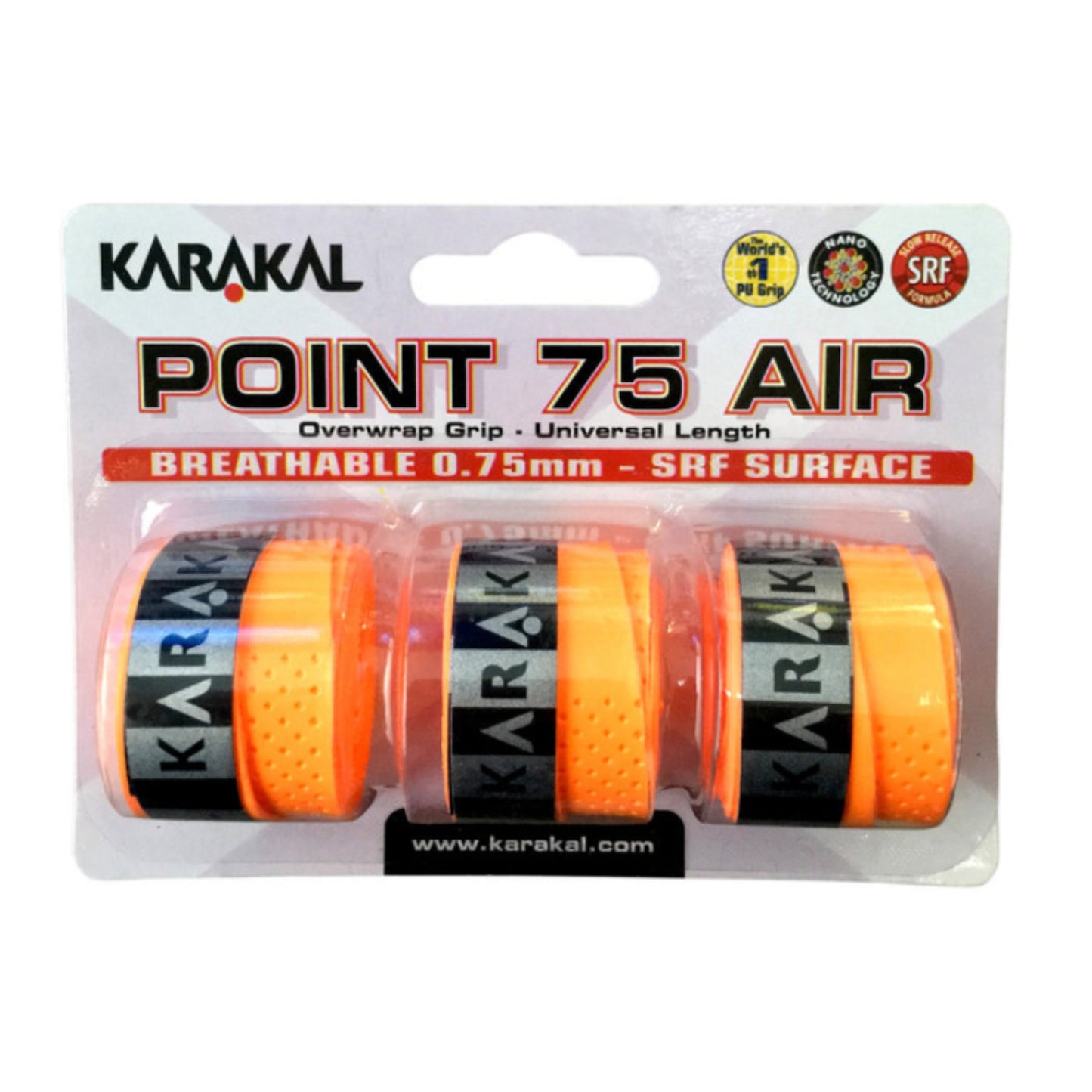 Karakal Point 75 Air overwrap grip packaging with orange grips on a white background