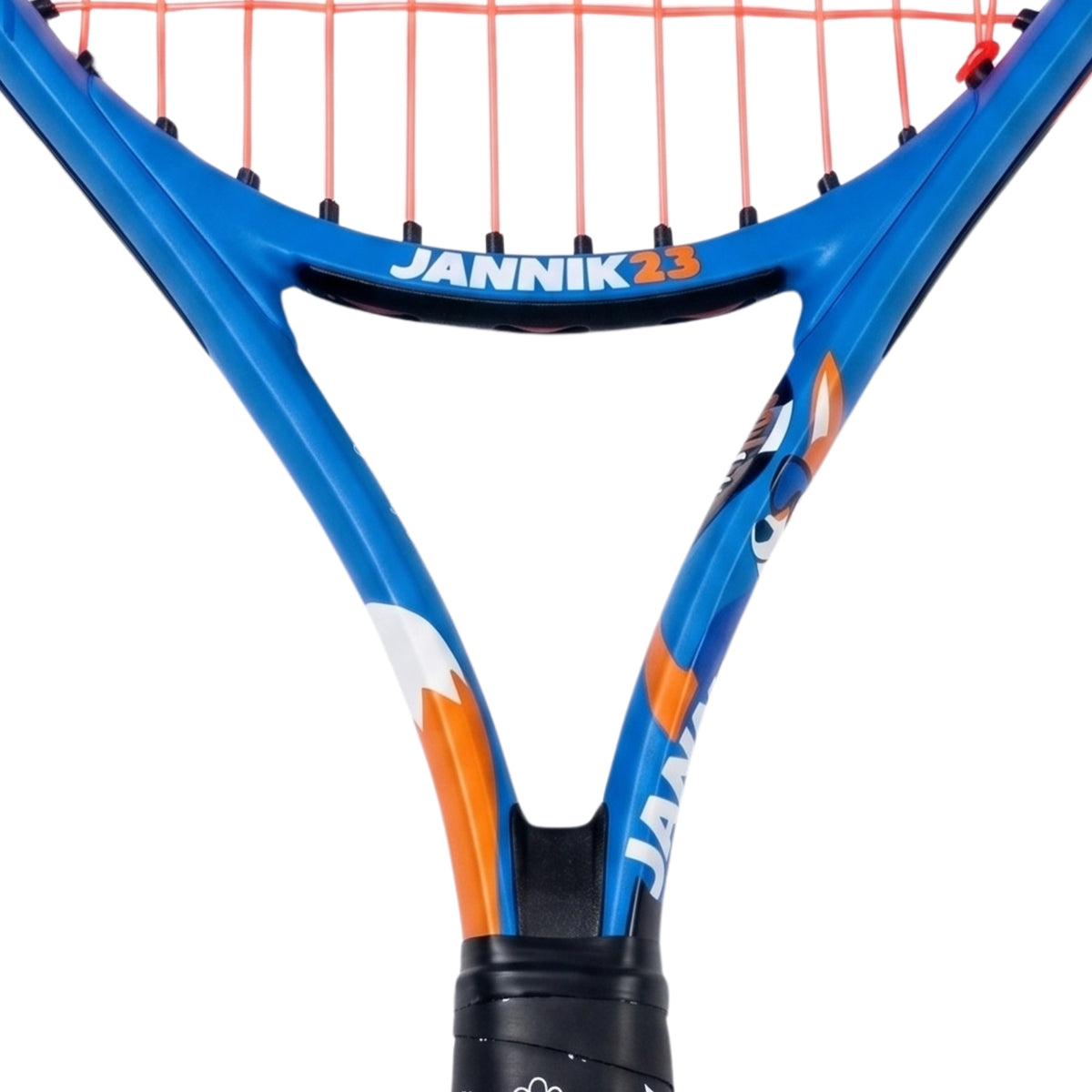 Close-up of a Jannik 23 Head tennis racket showing the blue frame with orange and white accents, orange strings, and a black grip against a white background.