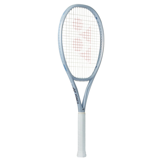 Silver Yonex tennis racket with white handle on a white background