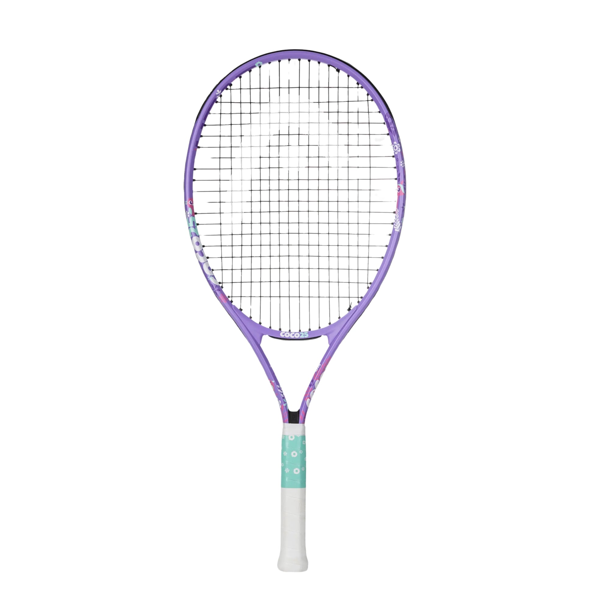 A purple and pink Head tennis racket with a white grip and mint green tape wrap, shown vertically against a plain white background.