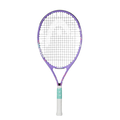 A purple and pink Head tennis racket with a white grip and mint green tape wrap, shown vertically against a plain white background.