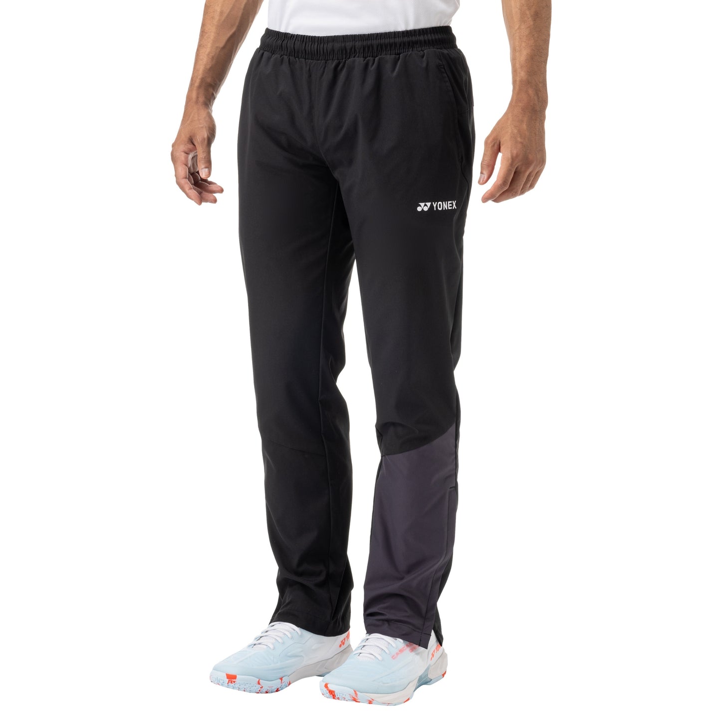 Black athletic pants with a brand logo on a white background