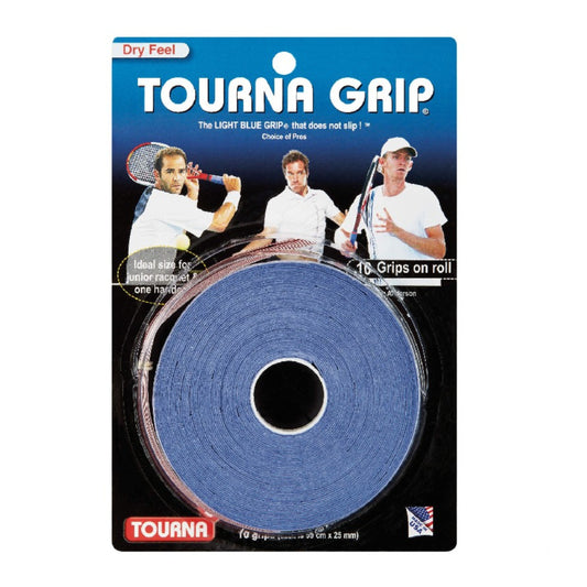 Packaged Tourna Grip with blue tape and branding on a white background